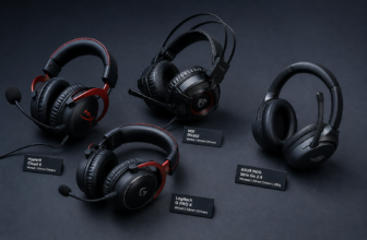 A flat lay product photography scene featuring four gaming headsets arranged on a clean dark charcoal surface, showcasing a range from wired to wireless models with varying designs. The headsets have large over-ear cushions, prominent mic booms in various positions including one flipped up, and feature bold modern gaming aesthetics in black and red color schemes. Subtle dramatic side lighting highlights the driver housing size differences between models, with visible 50mm+ speaker cups. A lightweight wireless headset sits slightly apart from the group. The composition is editorial and clinical, suggesting a professional comparison review, with shallow depth of field and a cool-toned studio atmosphere. High-resolution product photography style.