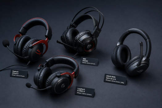 A flat lay product photography scene featuring four gaming headsets arranged on a clean dark charcoal surface, showcasing a range from wired to wireless models with varying designs. The headsets have large over-ear cushions, prominent mic booms in various positions including one flipped up, and feature bold modern gaming aesthetics in black and red color schemes. Subtle dramatic side lighting highlights the driver housing size differences between models, with visible 50mm+ speaker cups. A lightweight wireless headset sits slightly apart from the group. The composition is editorial and clinical, suggesting a professional comparison review, with shallow depth of field and a cool-toned studio atmosphere. High-resolution product photography style.