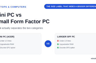 Two comparison panels weighing a true Acer mini PC against a larger small form factor PC on size, upgradeable RAM, and discrete GPU option, headlined by the hook 'the size label that hides a bigger difference'