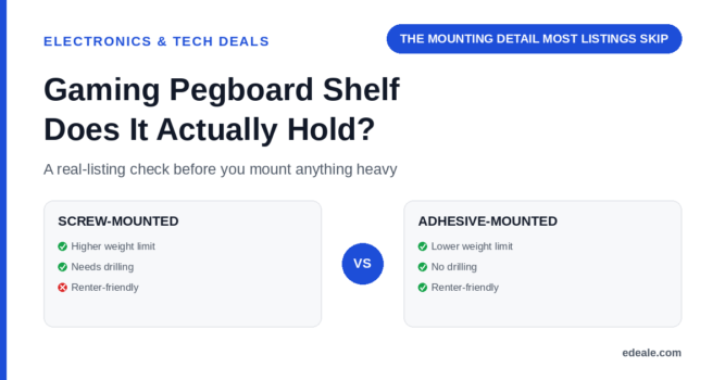 Two comparison panels weighing screw-mounted versus adhesive-mounted pegboard shelving on weight limit, installation and renter-friendliness, headlined by the hook 'the mounting detail most listings skip'