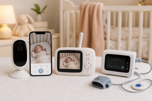 Baby monitoring devices displayed together: a camera, smartphone app, video monitor, and vital signs monitor with sensor, in a nursery setting