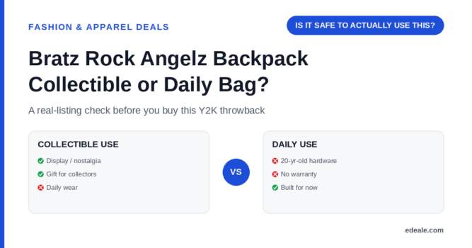 Two comparison panels weighing the Bratz Rock Angelz backpack as a collectible display piece versus daily use, headlined by the hook 'is it safe to actually use this'