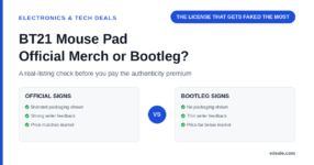 Two comparison panels listing signs of official BT21 merchandise versus bootleg red flags across packaging, seller feedback and pricing, headlined by the hook 'the license that gets faked the most'