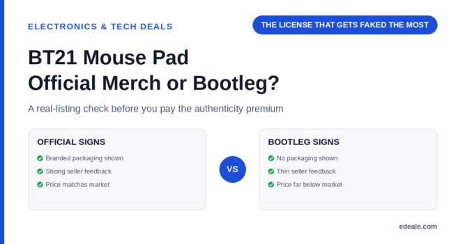 Two comparison panels listing signs of official BT21 merchandise versus bootleg red flags across packaging, seller feedback and pricing, headlined by the hook 'the license that gets faked the most'
