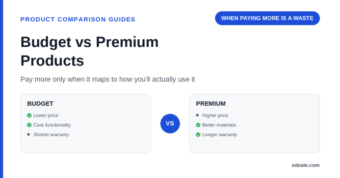 Two comparison panels for budget and premium products showing price, functionality and warranty, headlined by the hook 'when paying more is a waste'