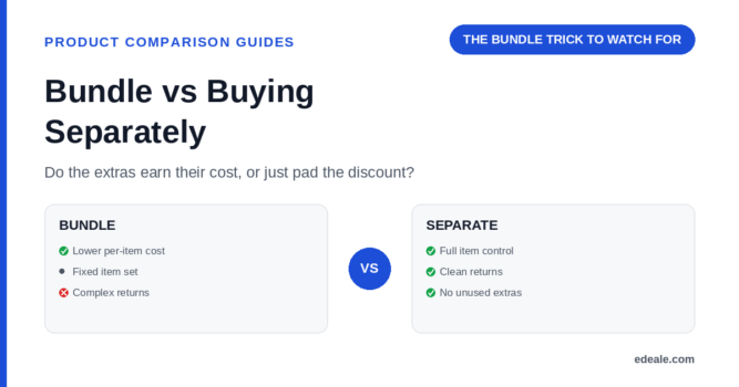 Two comparison panels for buying a bundle versus buying items separately, headlined by the hook 'the bundle trick to watch for'