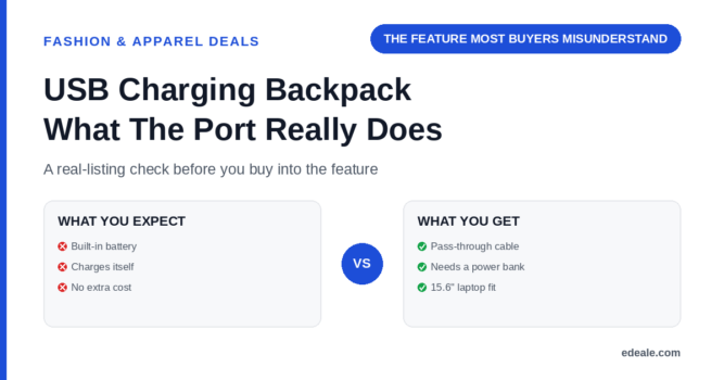 Two comparison panels contrasting what buyers expect from a USB-charging backpack versus what the real listing provides, headlined by the hook 'the feature most buyers misunderstand'