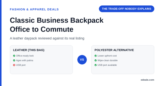 Two comparison panels weighing a leather business backpack against a polyester alternative across looks, durability and charging features, headlined by the hook 'the trade-off nobody explains'