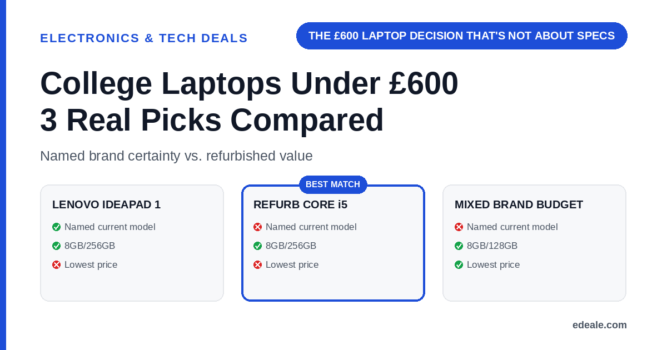Three cards comparing a named-brand Lenovo IdeaPad, a refurbished Core i5 laptop, and a mixed-brand budget laptop across model certainty, specs, and price, headlined by the hook 'the £600 laptop decision that's not about specs'