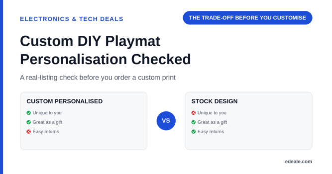 Two comparison panels weighing a custom personalised gaming mat against a stock design mat on uniqueness, gift appeal and return ease, headlined by the hook 'the trade-off before you customise'