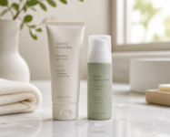 Gentle cleanser and daily moisturizer skincare products on a bathroom counter