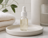 Glass dropper bottle with clear serum on a tray, with towels and a plant in the background