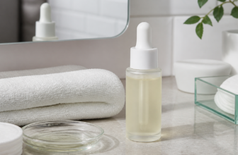 Glass dropper bottle with pale yellow liquid on a bathroom counter