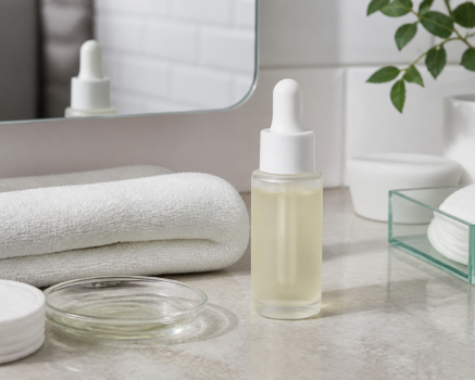 Glass dropper bottle with pale yellow liquid on a bathroom counter