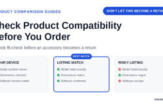 Three cards comparing a known device, a confirmed matching listing, and a risky vague listing, headlined by the hook 'don't let this become a return'