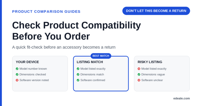 Three cards comparing a known device, a confirmed matching listing, and a risky vague listing, headlined by the hook 'don't let this become a return'