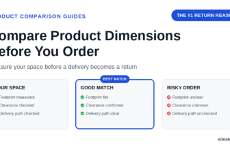 Three cards comparing your measured space, a confirmed good-fit product, and a risky order with unclear dimensions and clearance, headlined by the hook 'the number 1 return reason'