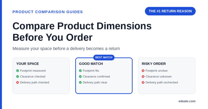 Three cards comparing your measured space, a confirmed good-fit product, and a risky order with unclear dimensions and clearance, headlined by the hook 'the number 1 return reason'