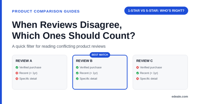Three review cards comparing verified purchase status, recency and detail level, with the trustworthy recent review highlighted, headlined by the hook '1-star vs 5-star, who's right'