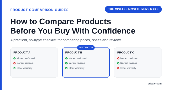 Three side-by-side comparison cards showing model confirmation, recent reviews and warranty clarity checks, with the best-match product highlighted, headlined by the hook 'the mistake most buyers make'