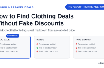 Three cards comparing a verified real sale, an unclear maybe, and a fake discount banner across price history, sale timing and stock claims, headlined by the hook 'the 70 percent off trick retailers use'
