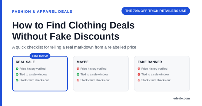 Three cards comparing a verified real sale, an unclear maybe, and a fake discount banner across price history, sale timing and stock claims, headlined by the hook 'the 70 percent off trick retailers use'
