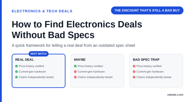 Three cards comparing a verified real electronics deal, an unclear maybe, and a bad-spec trap across price history, hardware generation and tested claims, headlined by the hook 'the discount that's still a bad buy'