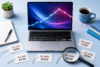 Laptop showing a rising then falling price chart, surrounded by discounted price tags with original prices crossed out, symbolizing price comparison shopping