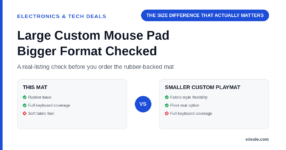 Two comparison panels weighing a large rubber-backed custom mouse pad against a smaller, more flexible custom playmat on coverage and feel, headlined by the hook 'the size difference that actually matters'