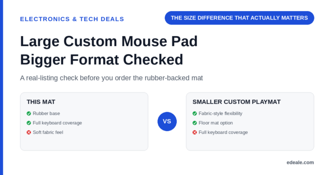 Two comparison panels weighing a large rubber-backed custom mouse pad against a smaller, more flexible custom playmat on coverage and feel, headlined by the hook 'the size difference that actually matters'