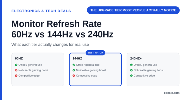 Three cards comparing 60Hz, 144Hz, and 240Hz-plus monitor refresh rates against office use, gaming smoothness, and competitive edge, headlined by the hook 'the upgrade tier most people actually notice'
