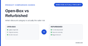 Two comparison panels for open-box and refurbished products showing inspection depth, warranty and discount size, headlined by the hook 'which risk actually pays off'