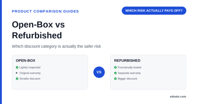 Two comparison panels for open-box and refurbished products showing inspection depth, warranty and discount size, headlined by the hook 'which risk actually pays off'
