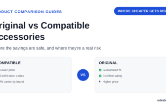 Two comparison panels for original and compatible accessories showing price, certification and fit, headlined by the hook 'where cheaper gets risky'