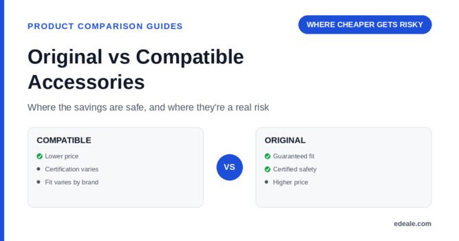 Two comparison panels for original and compatible accessories showing price, certification and fit, headlined by the hook 'where cheaper gets risky'