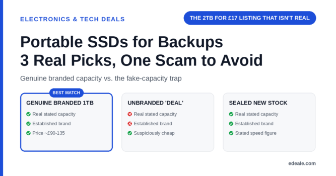 Three cards comparing genuine branded 1TB SSDs, suspicious unbranded high-capacity deals, and sealed new branded stock on real capacity and brand trust, headlined by the hook 'the 2TB for 17 pounds listing that isn't real'