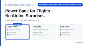 Three cards comparing under-100Wh, 100-160Wh, and over-160Wh power bank tiers against airline approval requirements, headlined by the hook 'the number on the box isn't the one that matters'