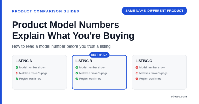 Three listing cards showing model number, spec match, and region checks, with the fully-verified listing highlighted as best match, headlined by the hook 'same name, different product'