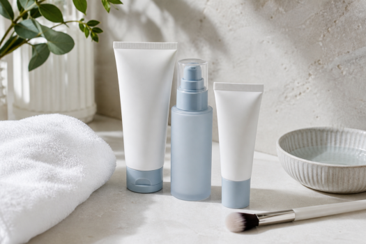 Skincare products with a towel, bowl, and makeup brush on a light stone surface