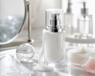 Skincare serum bottle with cream and decorative glass spheres on a bright vanity surface