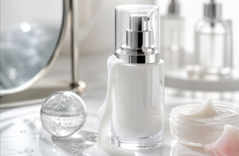 Skincare serum bottle with cream and decorative glass spheres on a bright vanity surface