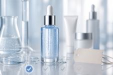Skincare serum dropper bottle with blank product tag and cosmetic containers in the background