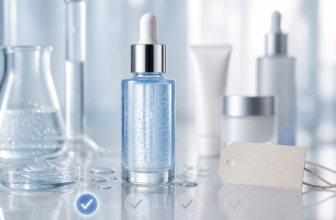 Skincare serum dropper bottle with blank product tag and cosmetic containers in the background