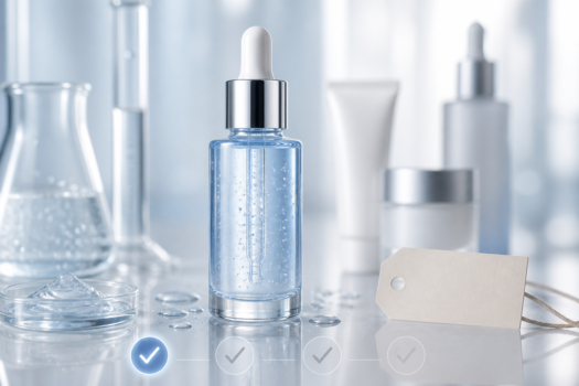 Skincare serum dropper bottle with blank product tag and cosmetic containers in the background