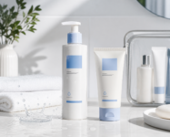 Two white skincare bottles with blue labels on a bathroom counter, one pump bottle and one tube