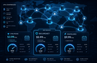 VPN comparison infographic: VPN Prime $3.99/mo (6,200+ servers, 60+ countries, 850 Mbps), SecureNet $5.99/mo (4,500+ servers, 59+ countries, 650 Mbps), FastGuard $9.99/mo (3,200+ servers, 45+ countries, 950 Mbps). All include no-logs and kill switch