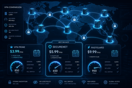 VPN comparison infographic: VPN Prime $3.99/mo (6,200+ servers, 60+ countries, 850 Mbps), SecureNet $5.99/mo (4,500+ servers, 59+ countries, 650 Mbps), FastGuard $9.99/mo (3,200+ servers, 45+ countries, 950 Mbps). All include no-logs and kill switch