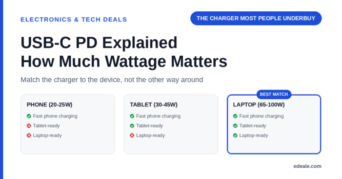 Three cards comparing phone-level, tablet-level, and laptop-level USB-C PD wattage against fast phone charging, tablet readiness, and laptop readiness, headlined by the hook 'the charger most people underbuy'