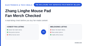 Two comparison panels contrasting an honest fan-made merchandise listing against a misleading one that implies official licensing, headlined by the hook 'the disclosure that separates trustworthy sellers'