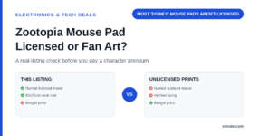 Two comparison panels weighing a licensed Zootopia desk mat against unlicensed character mouse pad prints, headlined by the hook 'most disney mouse pads aren't licensed'